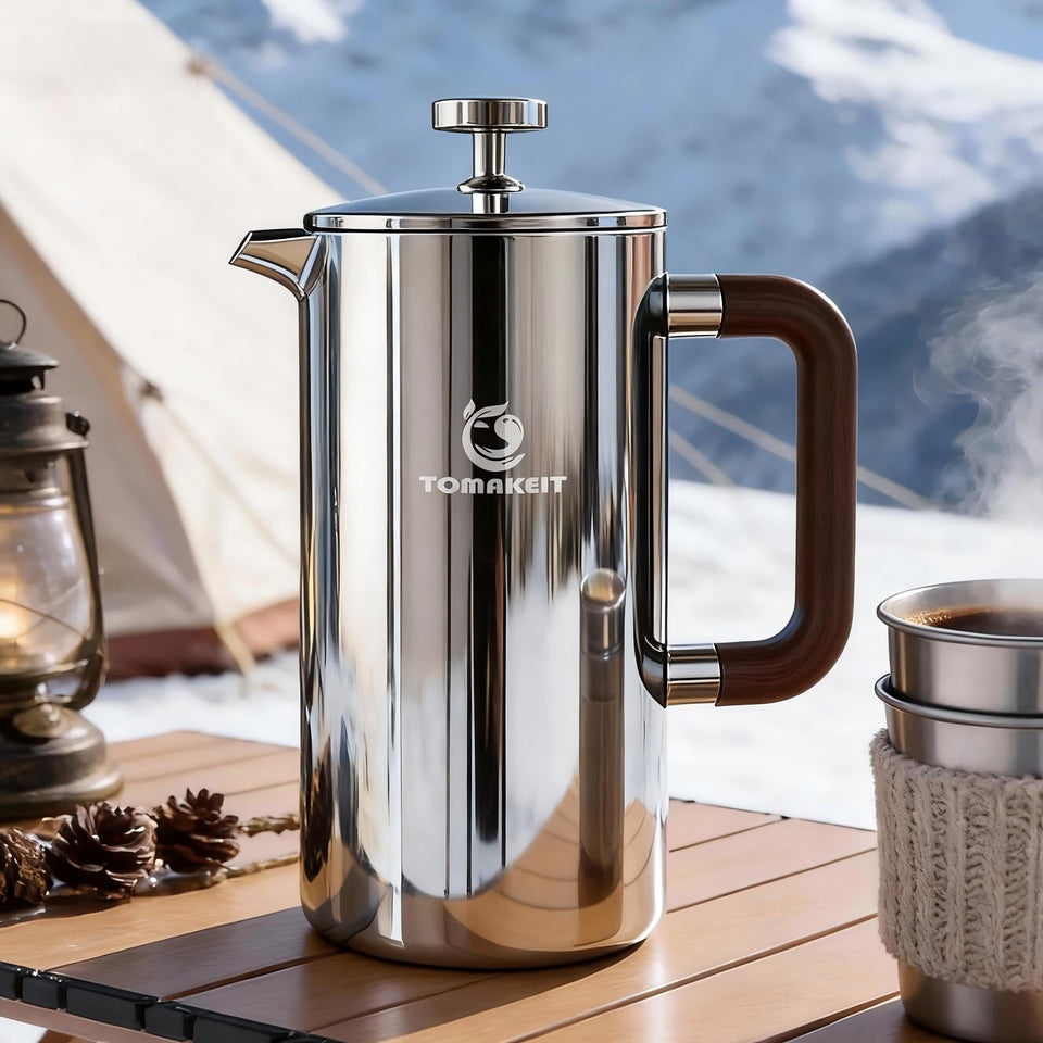 TOMAKEIT 1L French press with stainless steel body for durable home use.