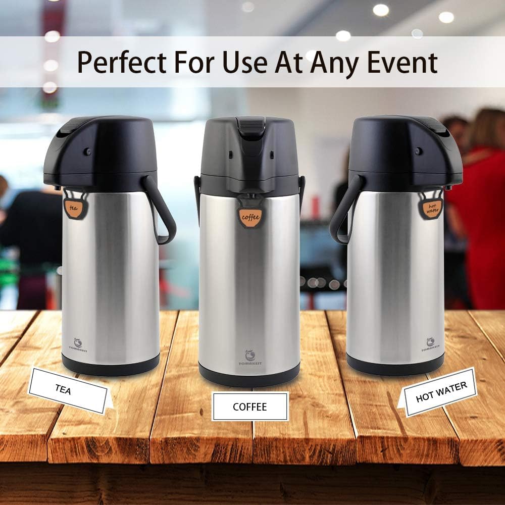 Tomakeit Airpot Dispenser includes hang tag and stickers for drink identification.