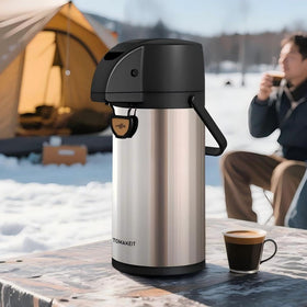 Tomakeit Airpot Dispenser stainless steel lid keeps beverages protected.