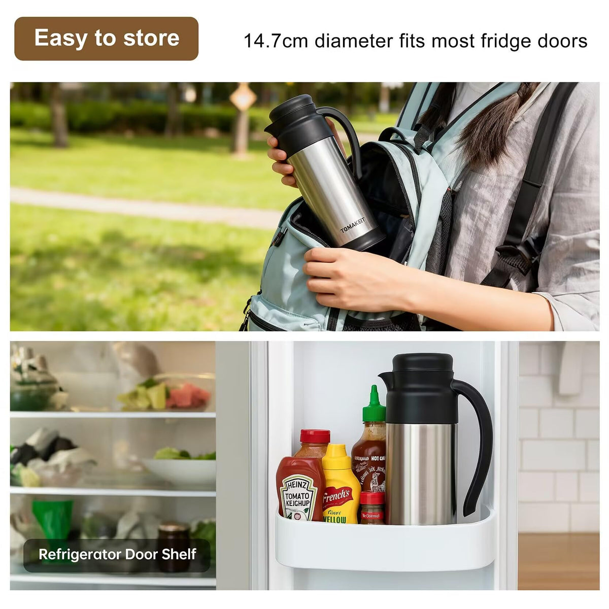 TOMAKEIT double-wall insulation maintains hot or cold drinks for hours.
