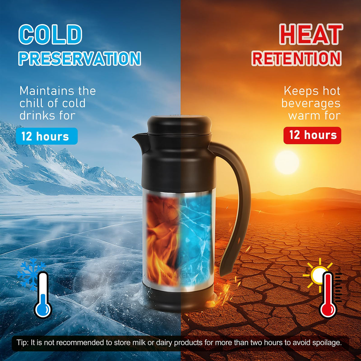 TOMAKEIT beverage carafe features a drip-free spout for clean serving.