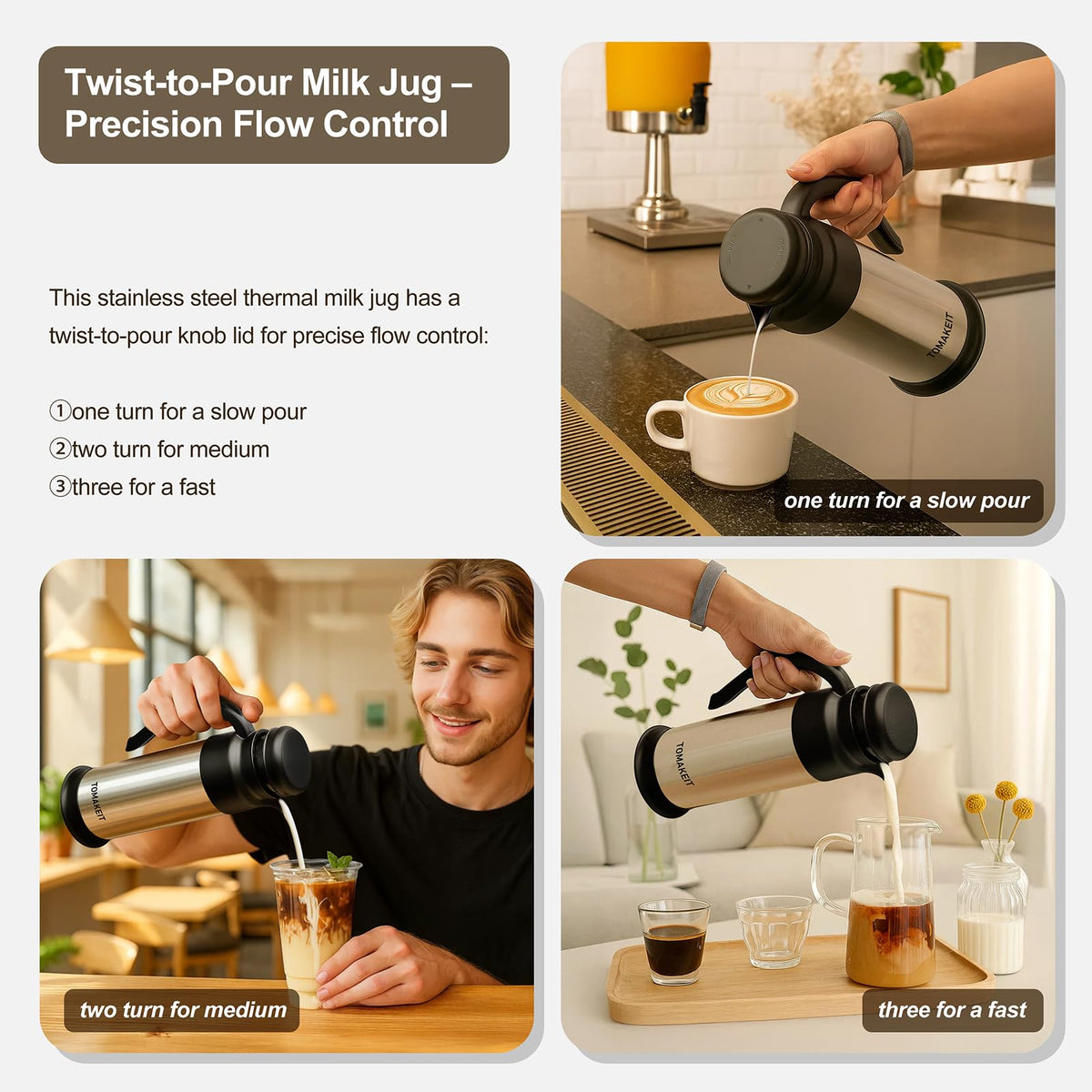TOMAKEIT 1L thermal carafe preserves beverage temperature for hours.