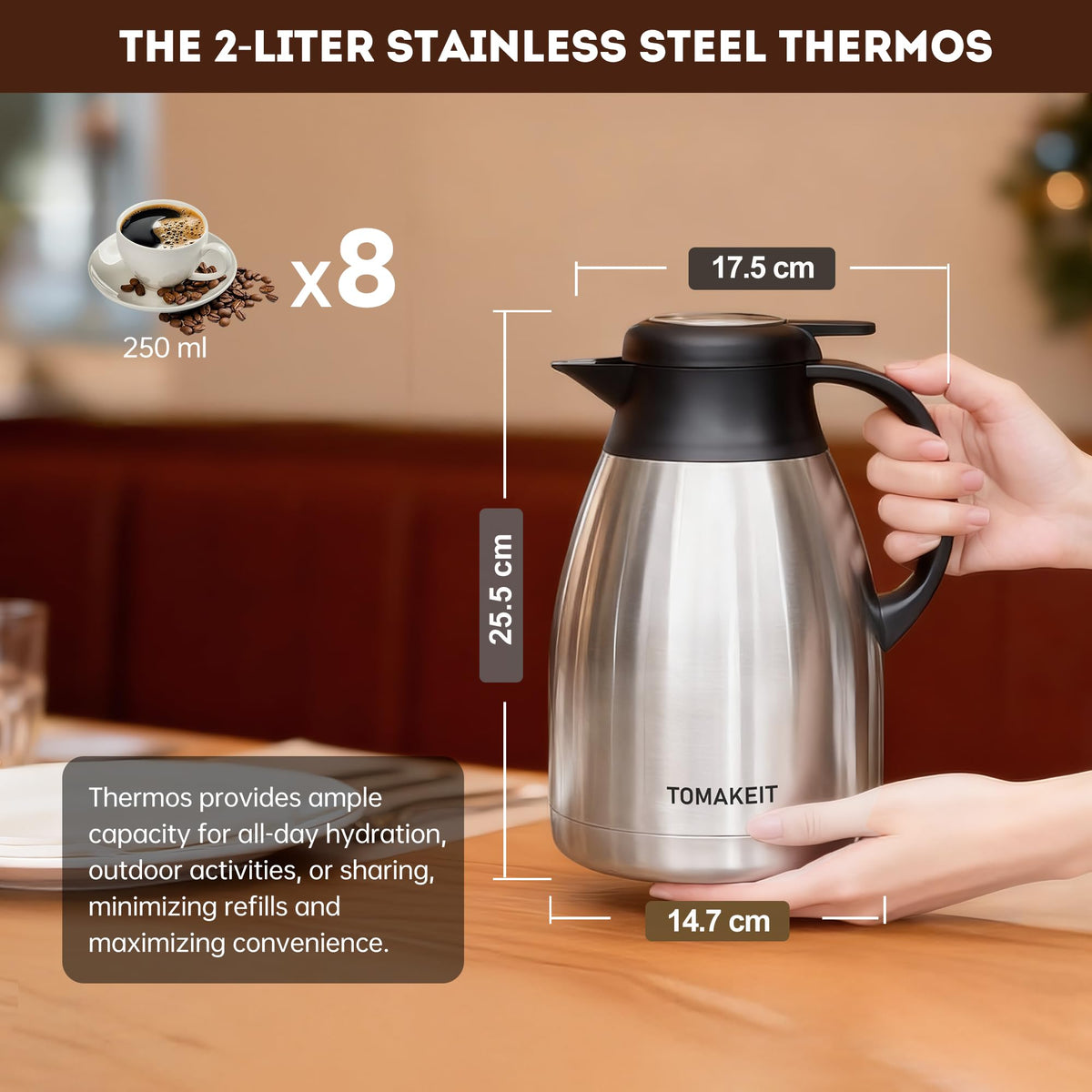 TOMAKEIT Thermal Carafe ergonomic-handle design supports comfortable transport at home, work, or travel.
