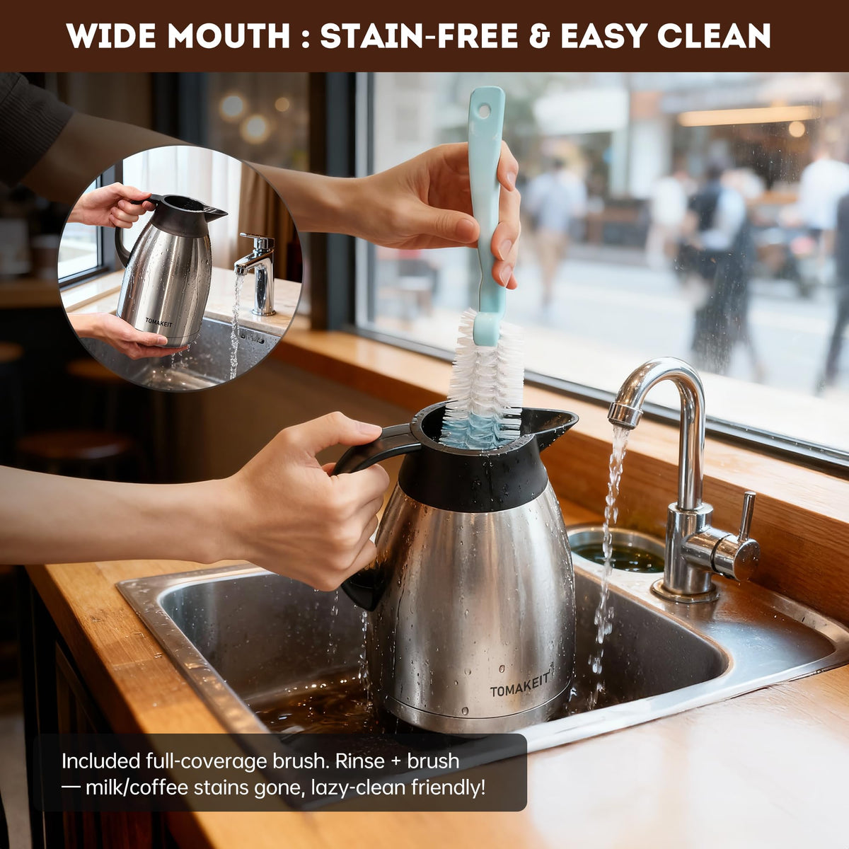 TOMAKEIT Thermal Carafe leak-proof cap prevents spills, ideal for bags, car rides, and hiking trips.