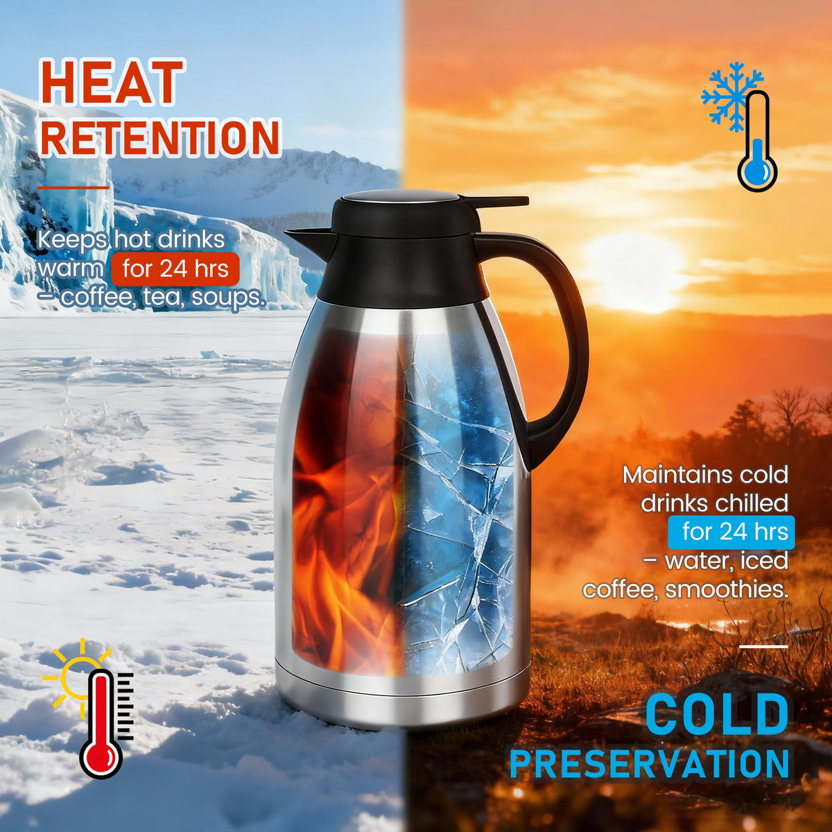 TOMAKEIT Thermal Carafe vacuum-insulation keeps drinks hot or cold for hours, ready when you are.