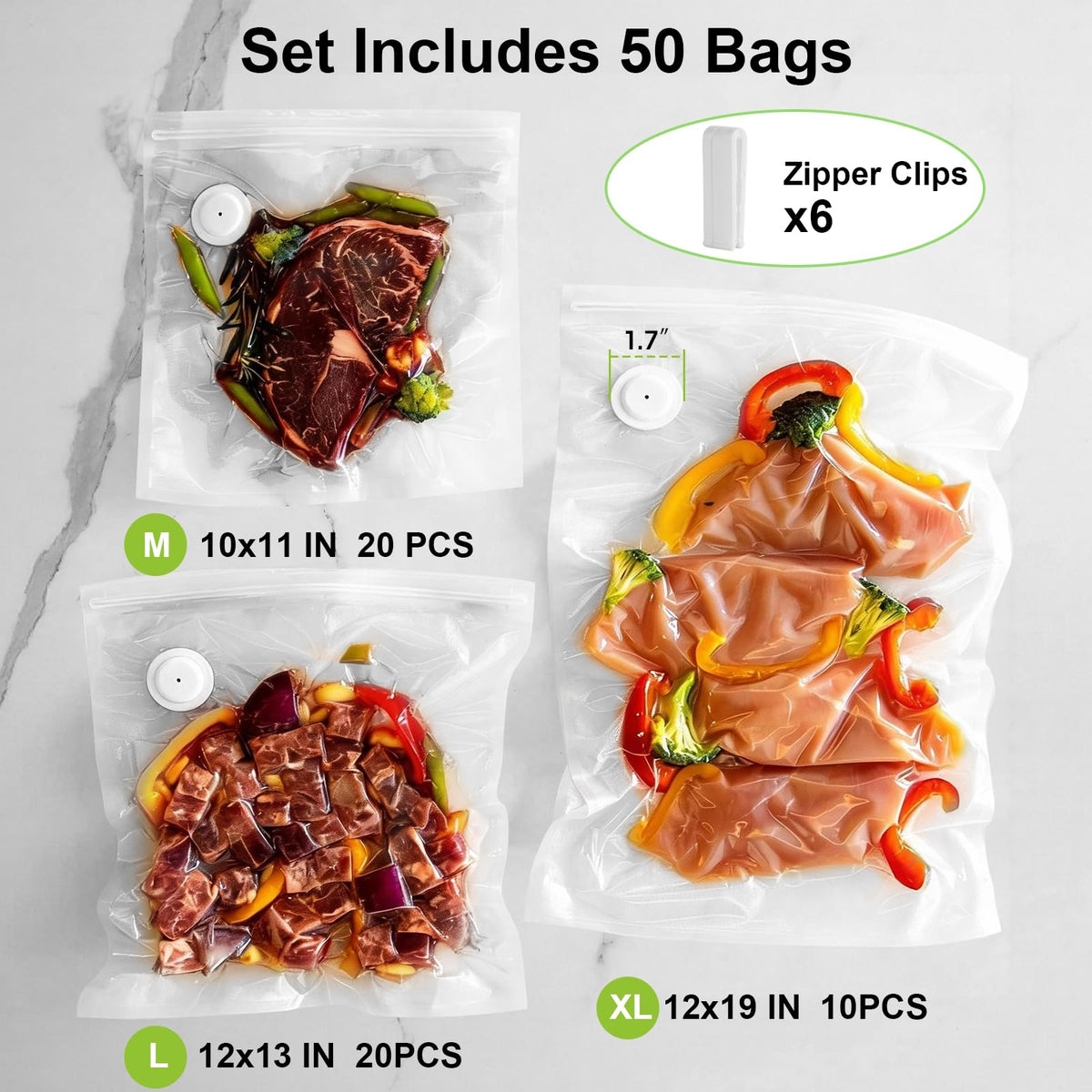 TomCare vacuum sealer bags L 12x13 demonstrating freezer storage and freshness
