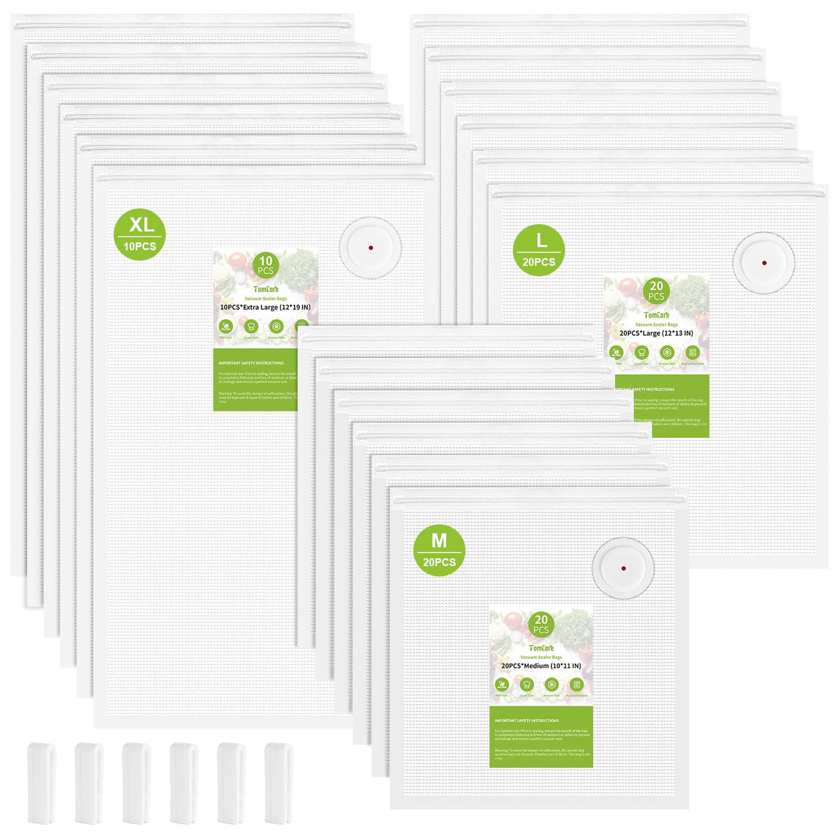 TomCare vacuum sealer bags XL 12x19 showing organized meal prep and storage