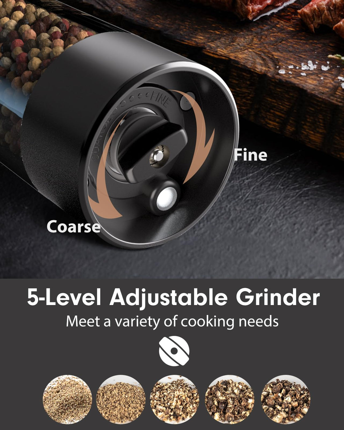 TOMEEM ceramic grinder with five coarseness levels for versatile textures.