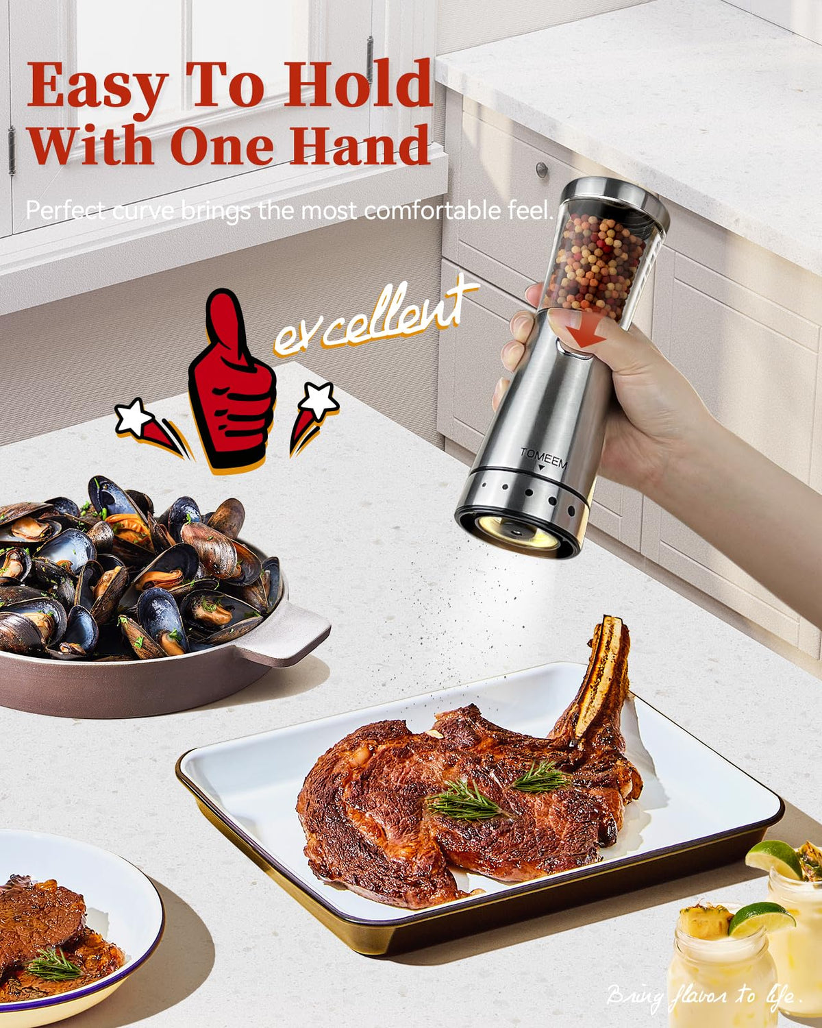 TOMEEM electric grinder glowing LED light for precise seasoning