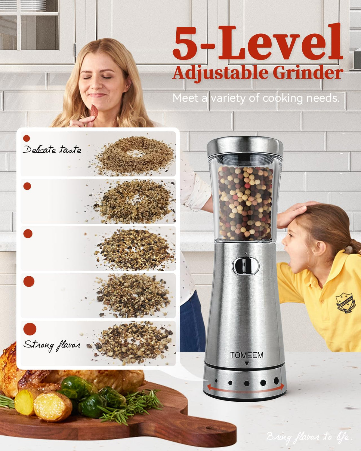 TOMEEM grinder with 1.8in wide mouth, loading spices easily