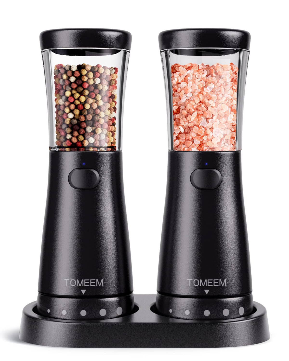 TOMEEM electric salt and pepper grinder set with base shown for mess-free dining.