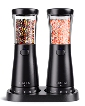 TOMEEM electric salt and pepper grinder set with base shown for mess-free dining.