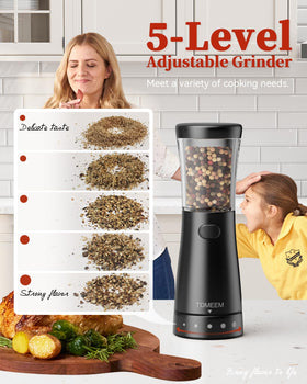 TOMEEM electric grinder front view shows a polished stainless steel finish for modern kitchens.