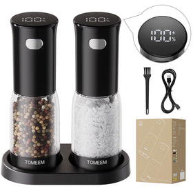 TOMEEM electric salt and pepper grinders with LED power indicator for at-a-glance battery status.