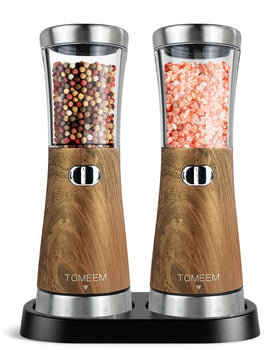 TOMEEM electric grinder front view, sleek stainless design for quick seasoning.