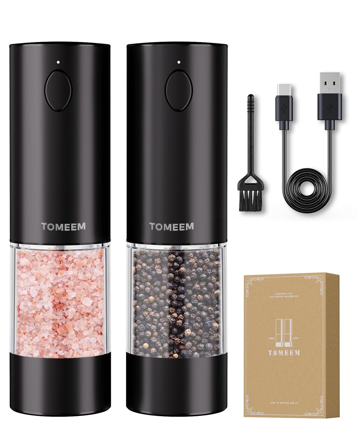 TOMEEM electric salt and pepper grinder set with LED light for precise seasoning.