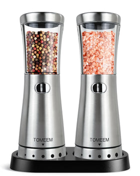 TOMEEM electric grinder with storage base on the counter, ready for quick seasoning
