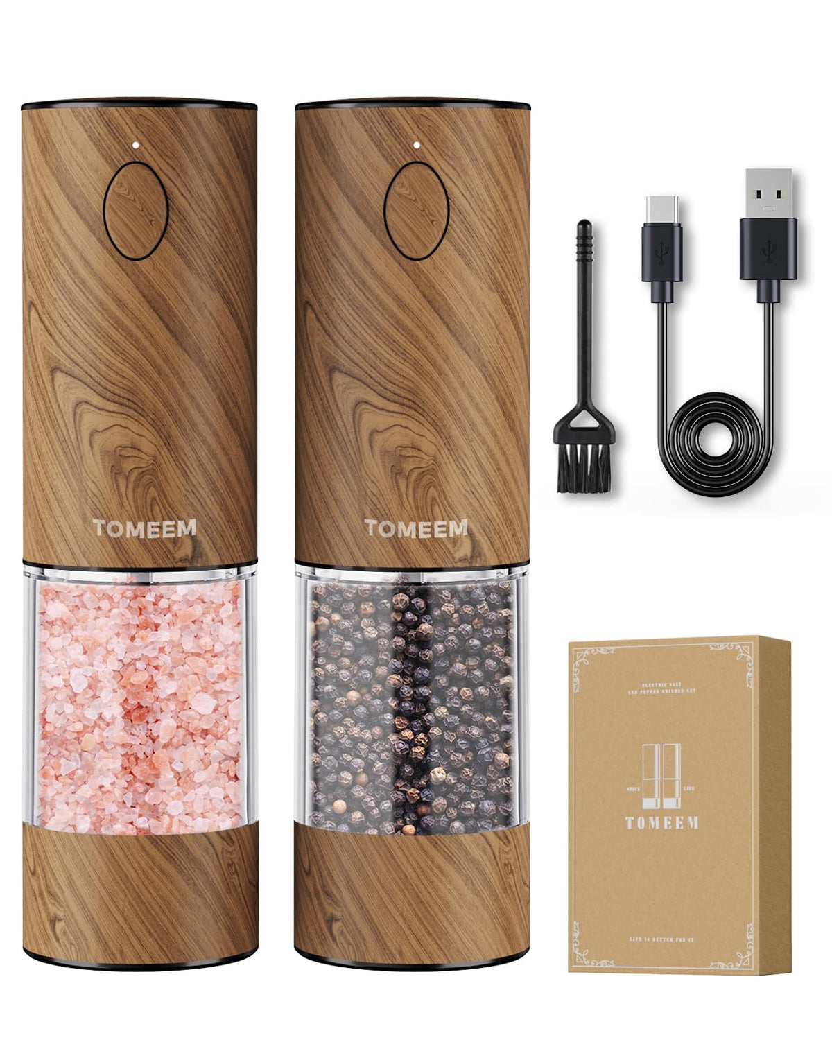 TOMEEM electric salt and pepper grinders with LED lights for precise seasoning.