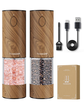 TOMEEM electric salt and pepper grinders with LED lights for precise seasoning.