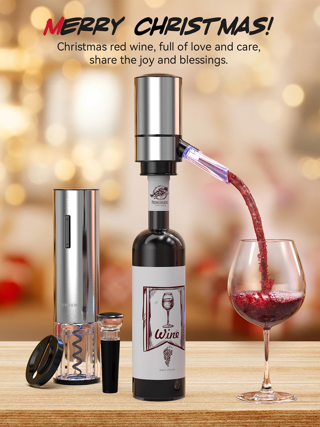 TOMEEM electric wine opener in action removing a cork quickly.