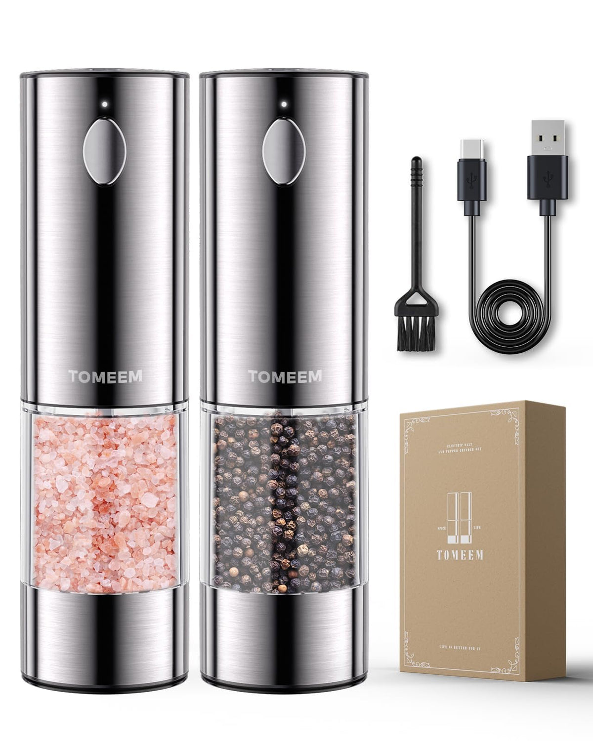 TOMEEM larger-capacity salt and pepper grinder set for fewer refills during cooking