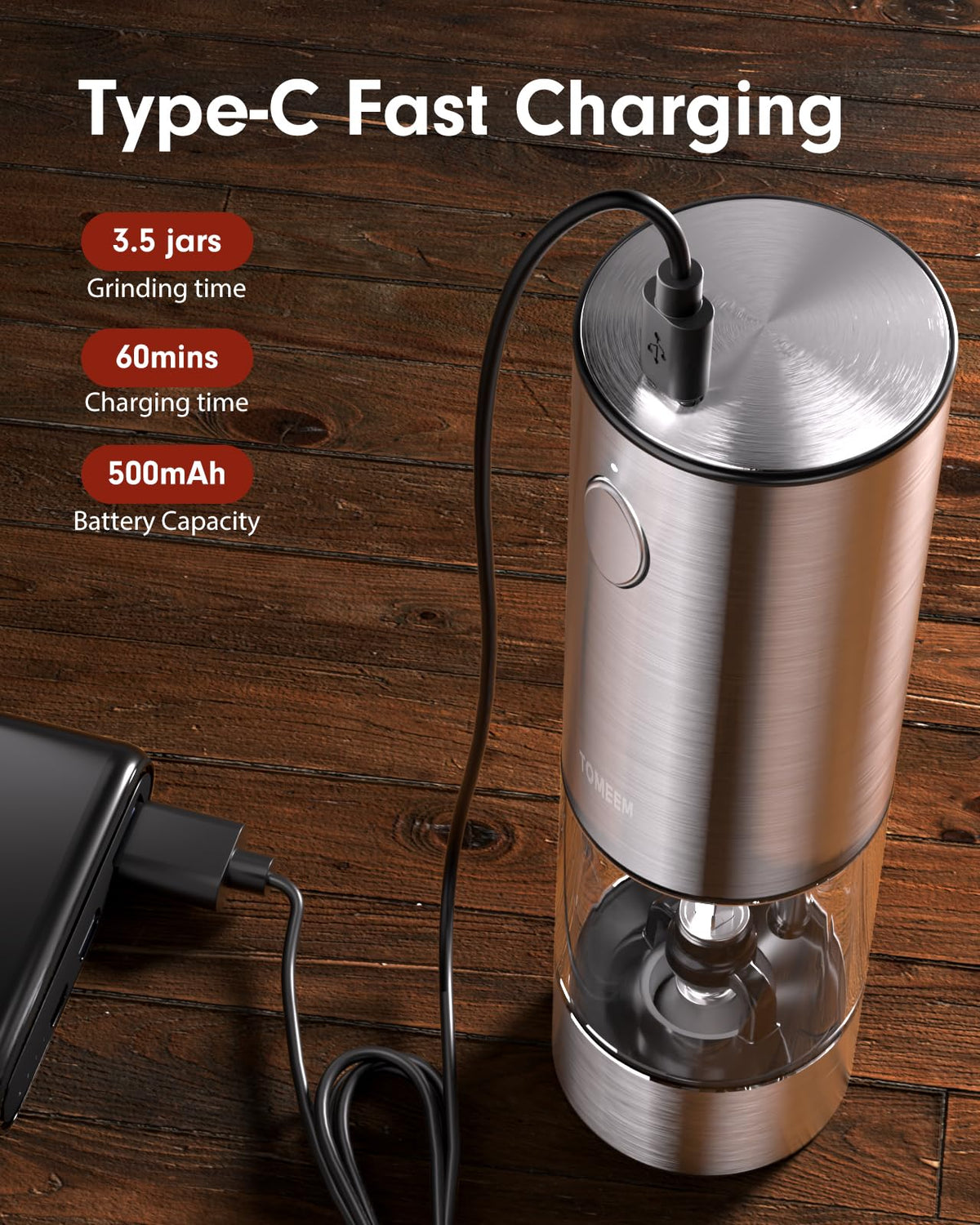 TOMEEM LED-lit grinding for precise seasoning in any lighting