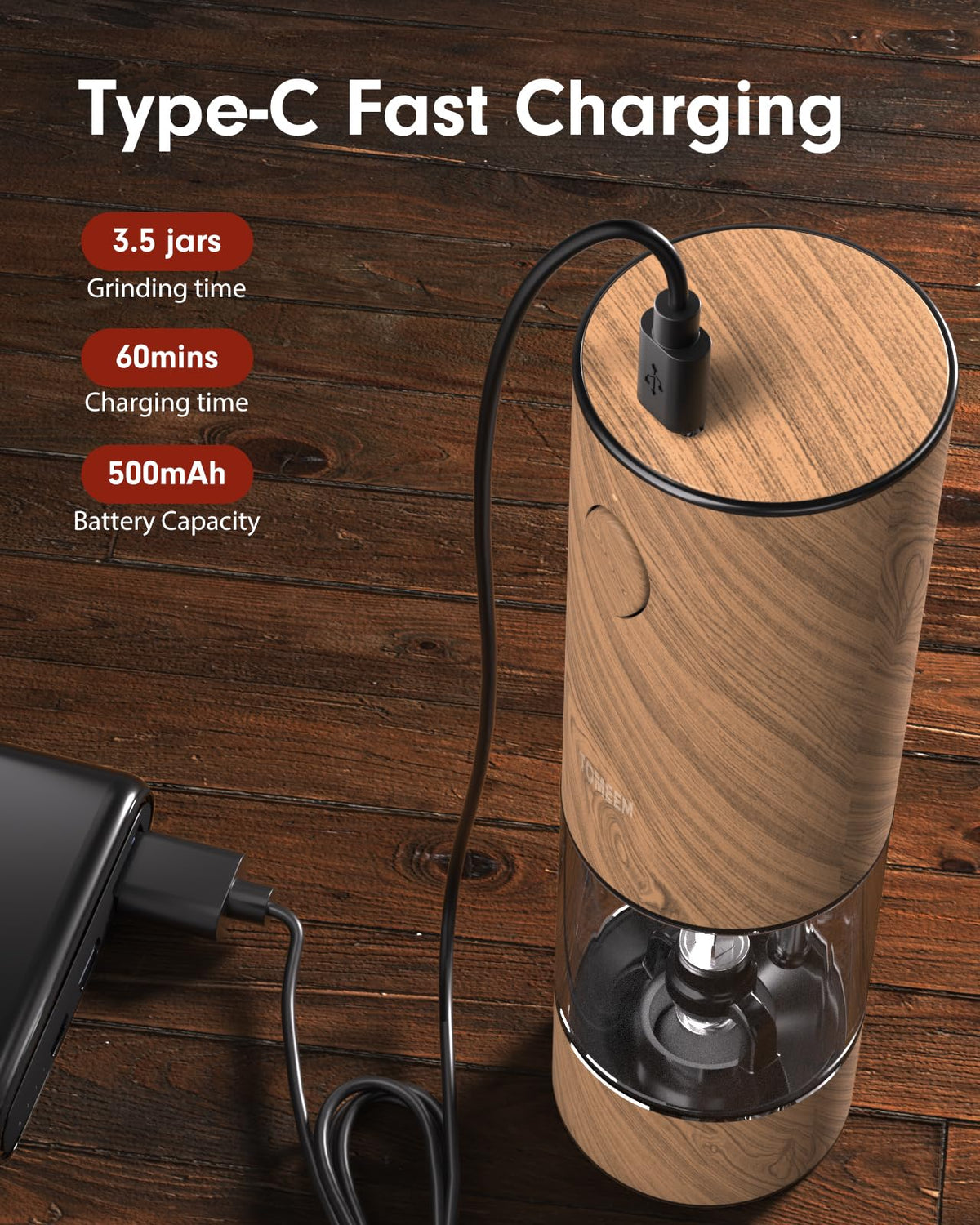 TOMEEM Type-C charging cable powers the grinders on demand.