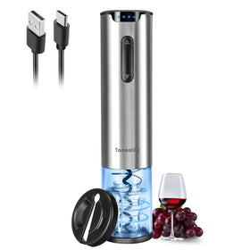 Tomentific electric wine opener with foil cutter for quick, clean cork removal.
