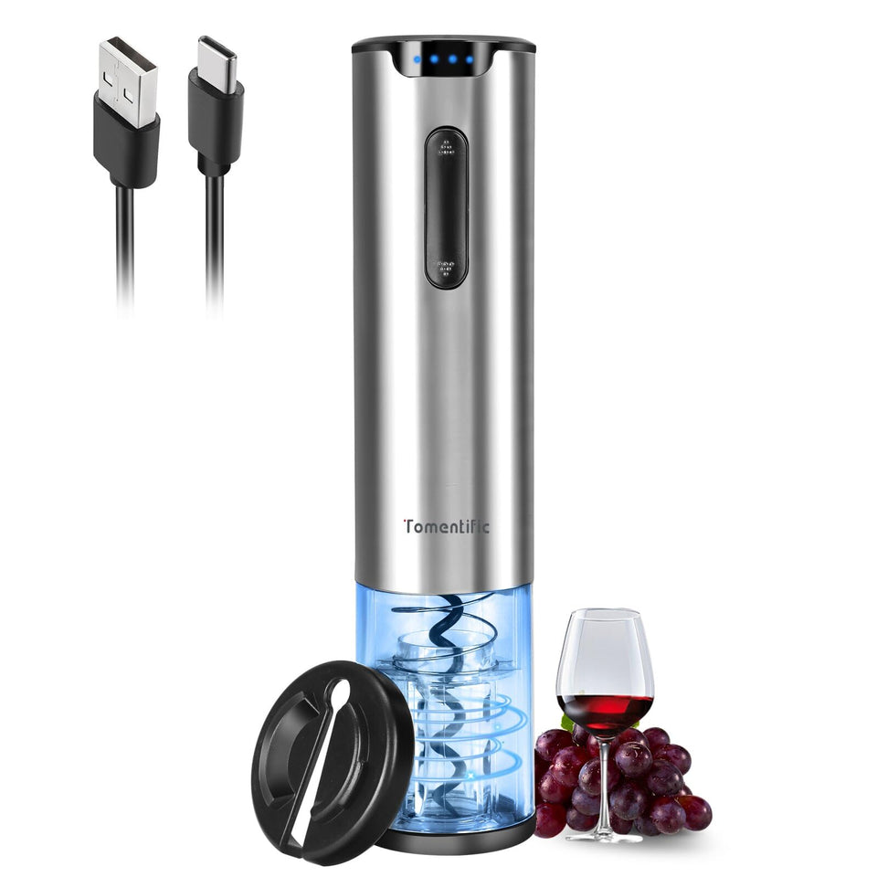 Tomentific electric wine opener with foil cutter for quick, clean cork removal.