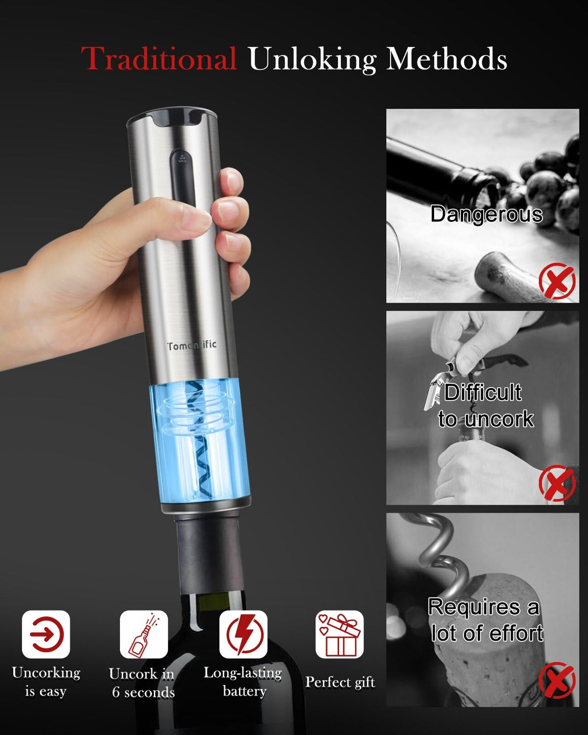 Tomentific wine opener with LED light for precise uncorking in dim settings.