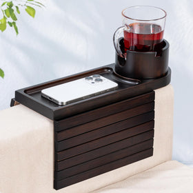 Tomlyop couch arm tray walnut finish keeps drinks and snacks within easy reach.