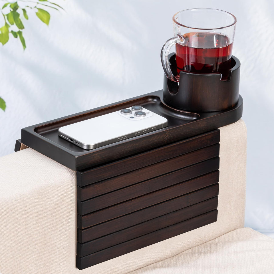 Tomlyop couch arm tray walnut finish keeps drinks and snacks within easy reach.