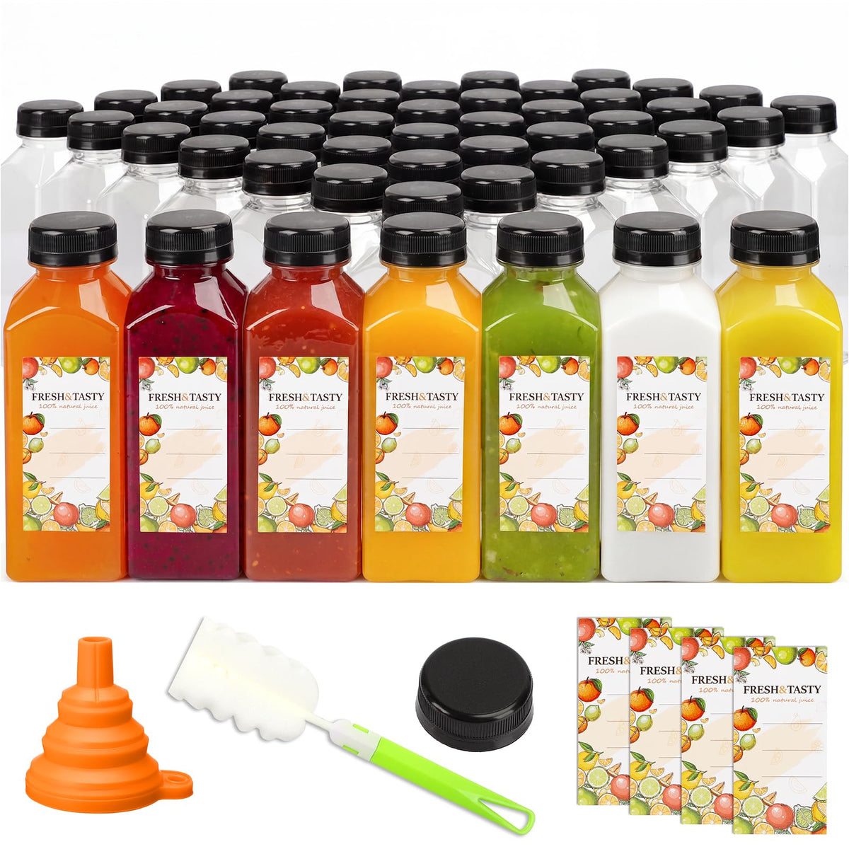 TOMNK 100pcs 12oz juice bottles with caps for bulk beverage prep and storage.