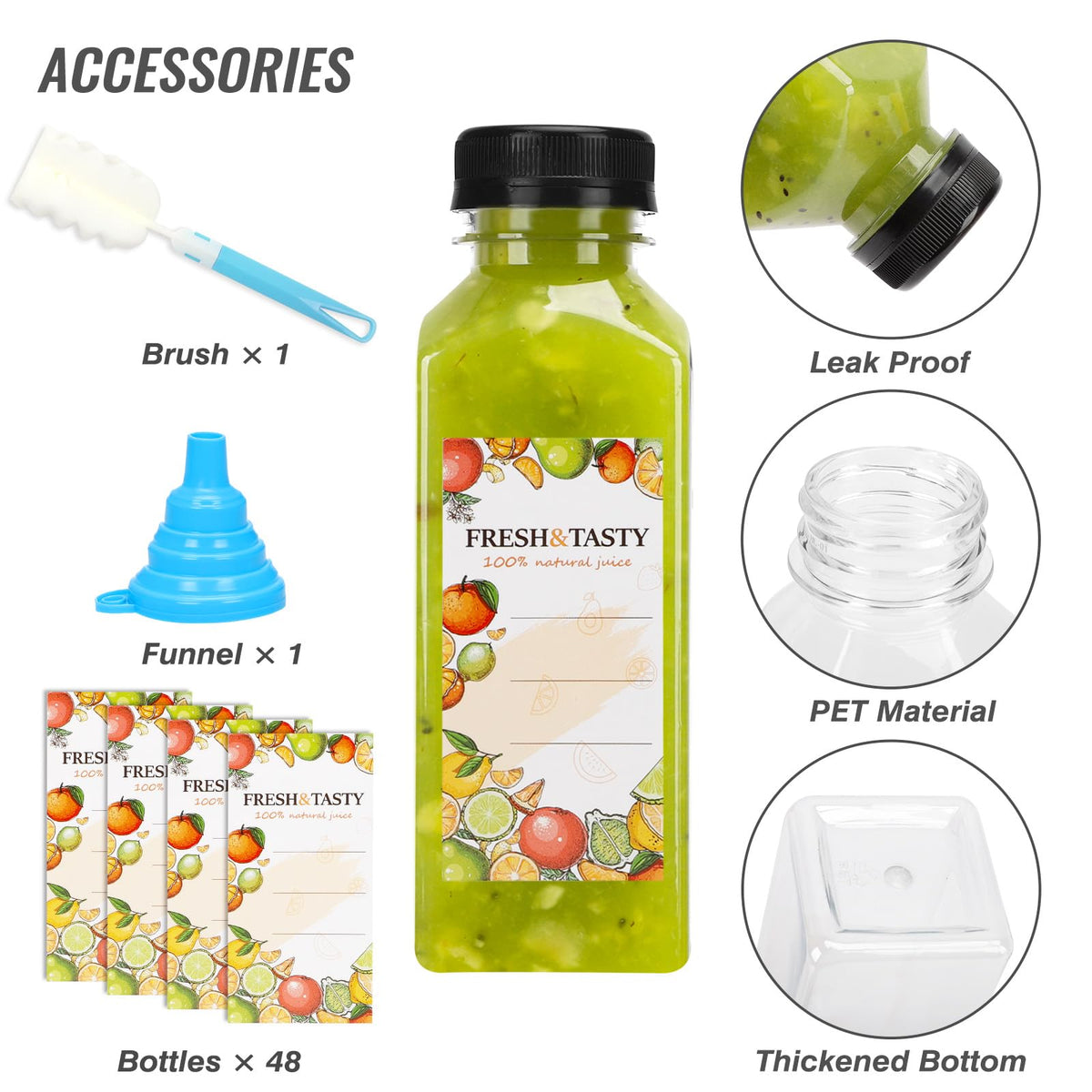 TOMNK 12oz plastic juice bottle made from durable PET