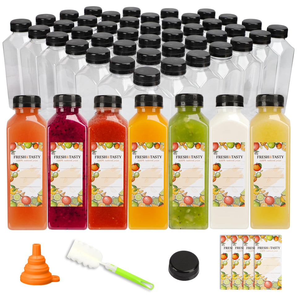 TOMNK 16oz juice bottles with black caps and labels for branding and take-away