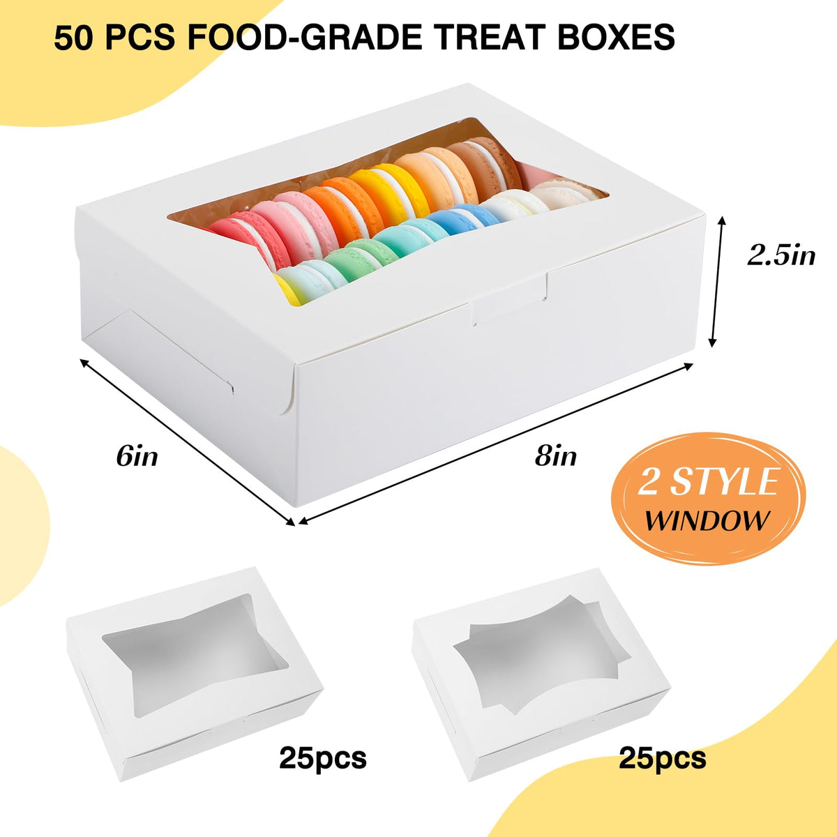 Tomnk 50-pack bakery boxes with window side view highlighting convenient bulk packaging.