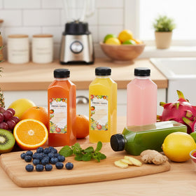 TOMNK bottles ready for fridge storage of juice and smoothies.