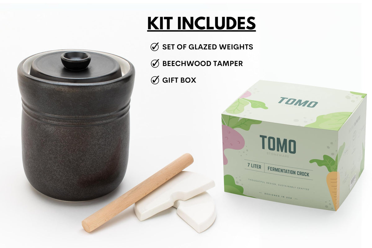 TOMO fermentation crock weights kit with two weights and wooden tamper.