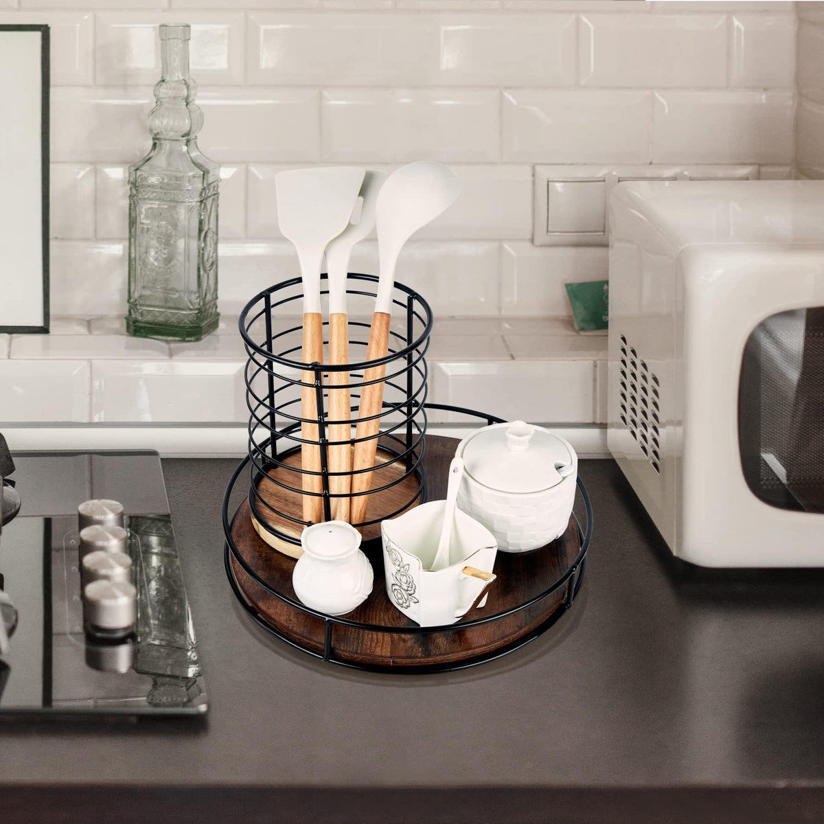 Water-resistant MDF surface on Tomoaza Lazy Susan is easy to wipe clean.