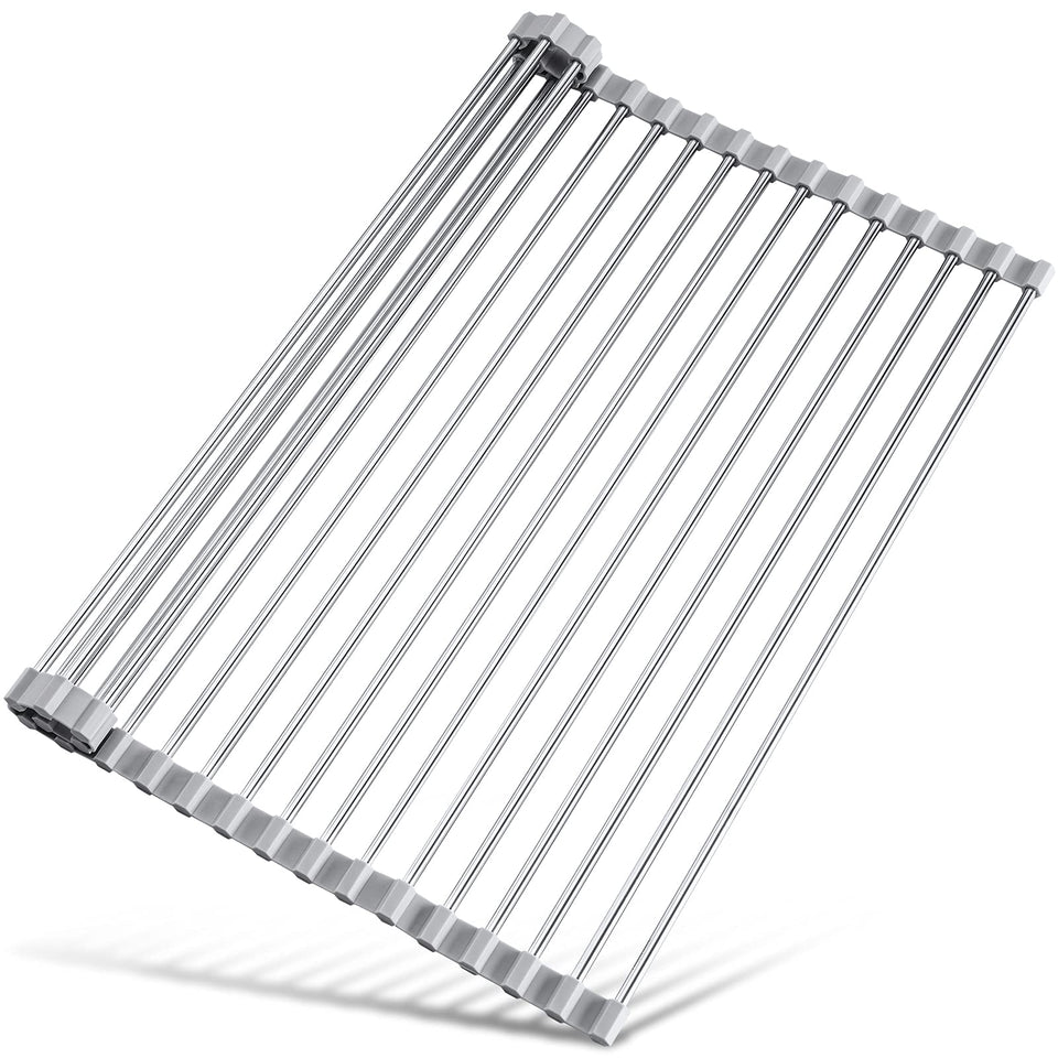 Tomorotec over-sink dish rack in grey offers a sturdy drying surface above the sink for air drying dishes