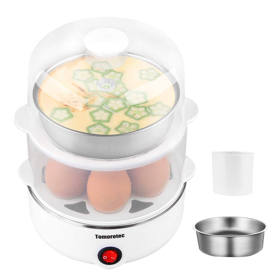 Tomorotec 14-egg cooker viewed with two racks for batch cooking and quick breakfasts.