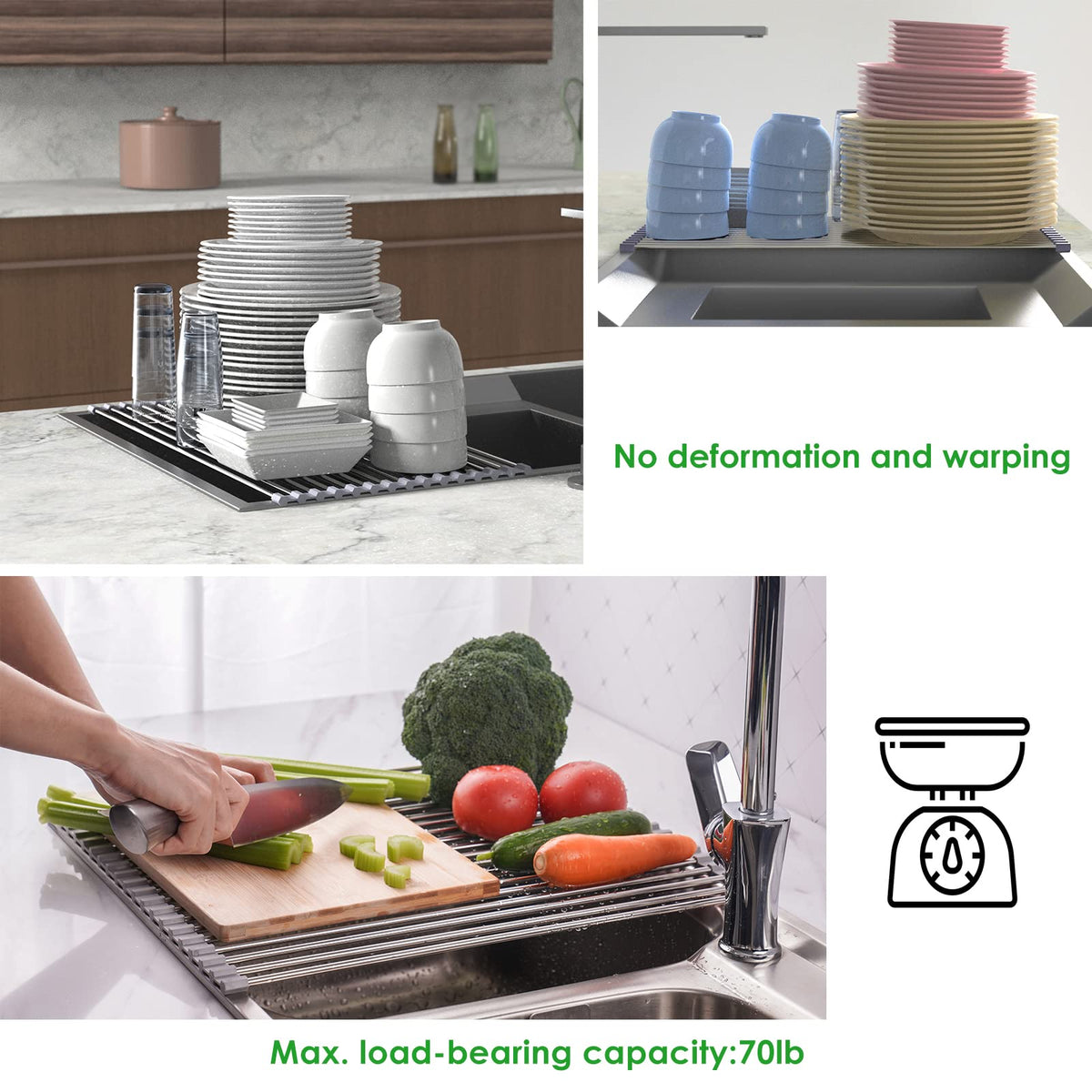 Foldable kitchen rack saves space when not in use.
