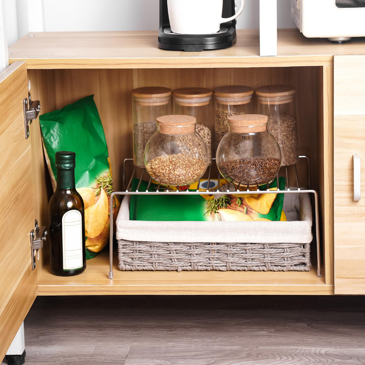 Tomorotec organizer in pantry with jars neatly arranged