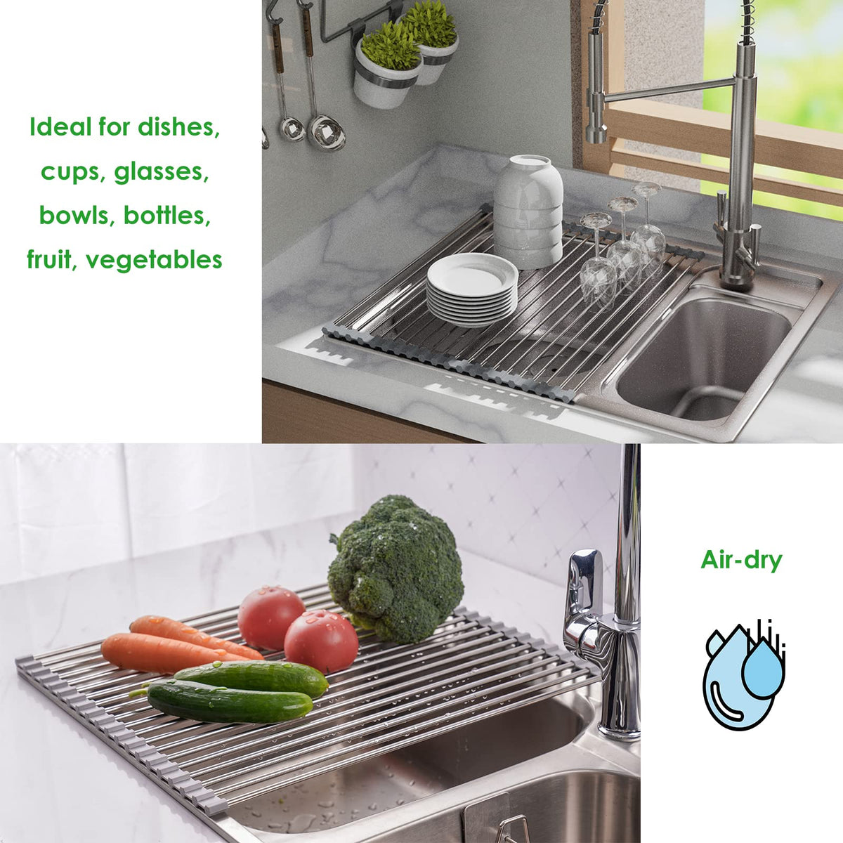 Over-sink drying rack with roll-up design for easy storage.