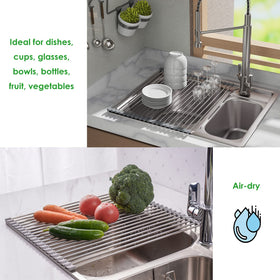 Over-sink drying rack with roll-up design for easy storage.