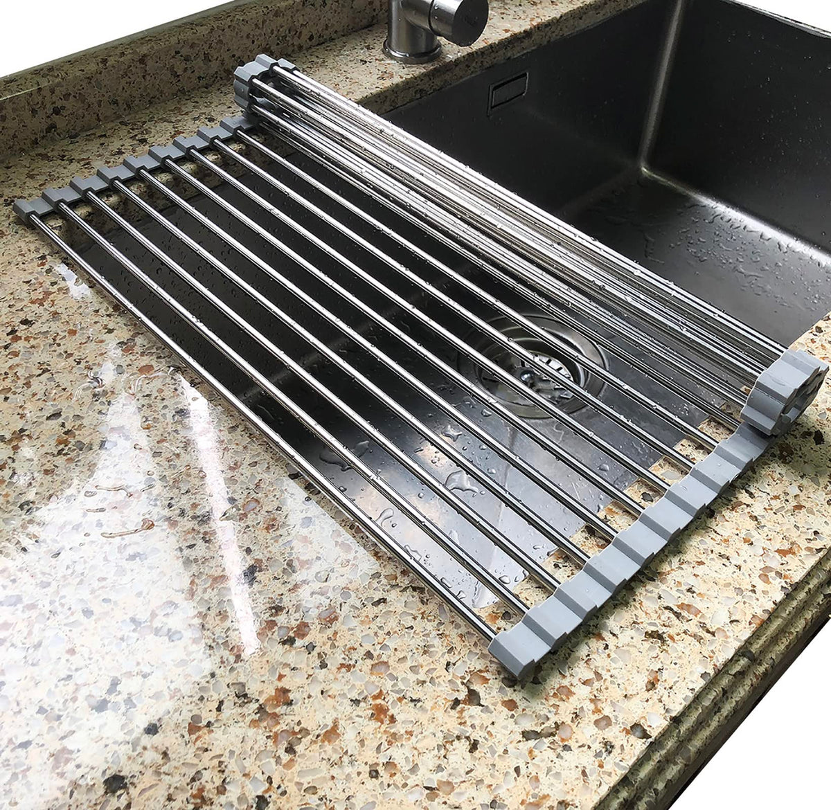 Tomorotec roll-up dish drying rack over sink grey large keeps counters clear.