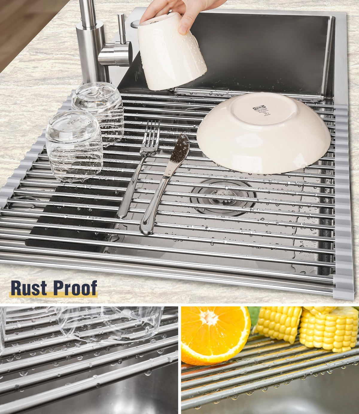 Tomorotec roll-up drying rack folded for compact storage on kitchen counters.