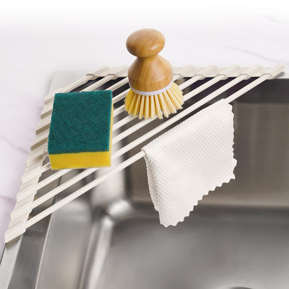 Tomorotec triangle dish drying rack with silicone edge for efficient counter drying and compact storage.