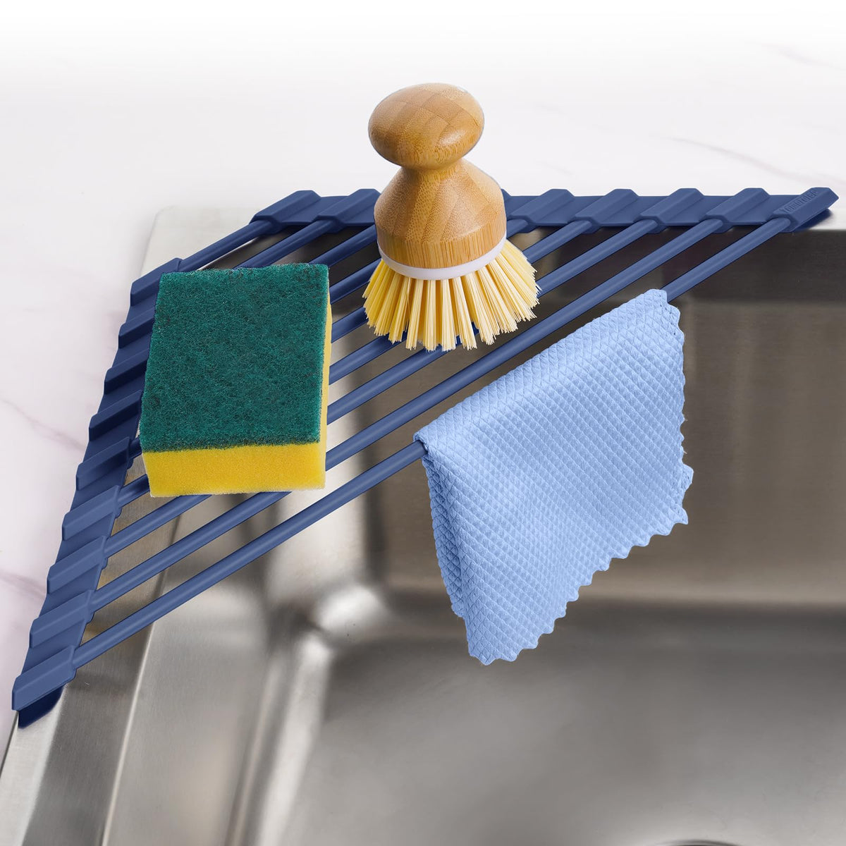 Tomorotec triangle dish rack in dark blue over-sink for organized drying.