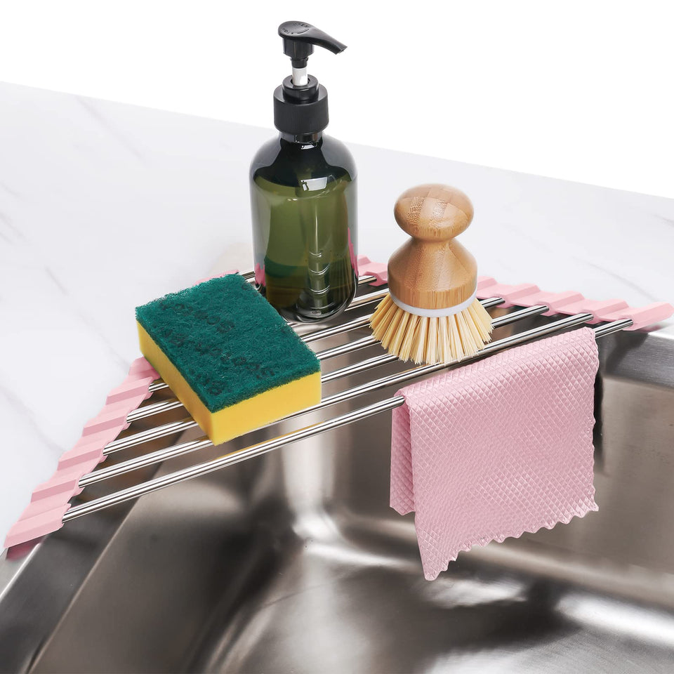 Tomorotec pink triangle foldable rack over sink for space-saving drying.